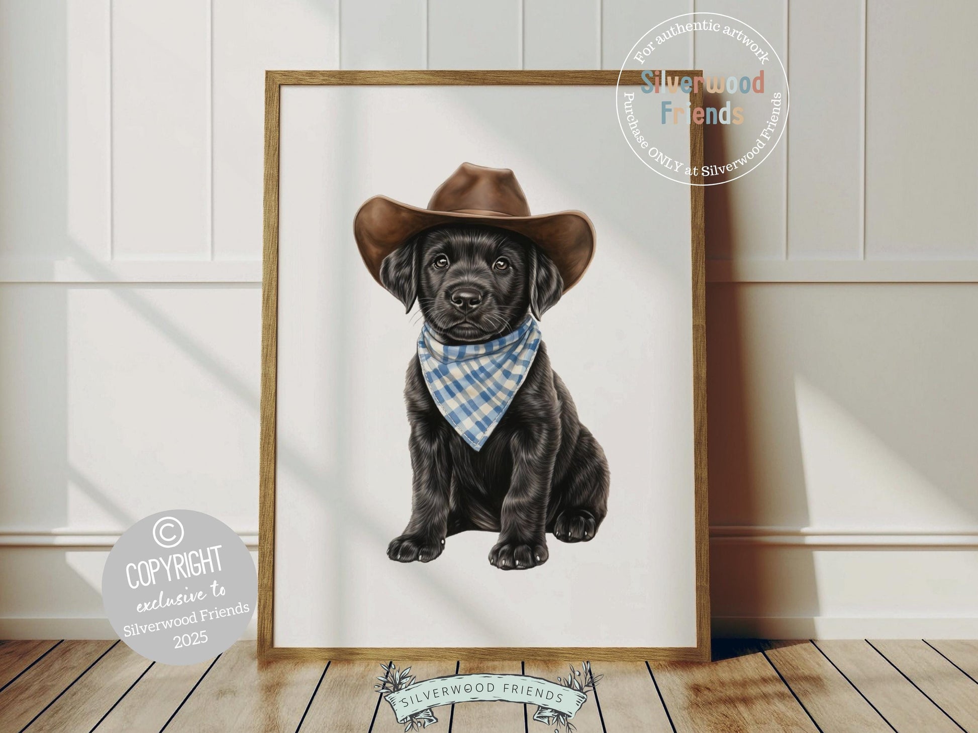 Giddy up! Say hello to your nursery’s cutest little cowboy—a sweet little black Labrador puppy cozied up in a cowboy hat and rocking a blue check bandana. Perfect for dog-loving families, this western-inspired print adds a touch of rustic charm and makes an unforgettable baby shower gift. 🐾🤎🤠