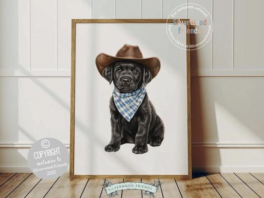 Giddy up! Say hello to your nursery’s cutest little cowboy—a sweet little black Labrador puppy cozied up in a cowboy hat and rocking a blue check bandana. Perfect for dog-loving families, this western-inspired print adds a touch of rustic charm and makes an unforgettable baby shower gift. 🐾🤎🤠