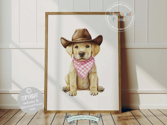 Howdy, little cowgirl! Meet the most lovable ranch pup—a blonde Labrador puppy snuggled in a cowboy hat and dressed in a darling pink check bandana. This charming western nursery print is perfect for dog-loving families and makes the sweetest baby shower gift for your little cowgirl-to-be. 🐶🤠🎀