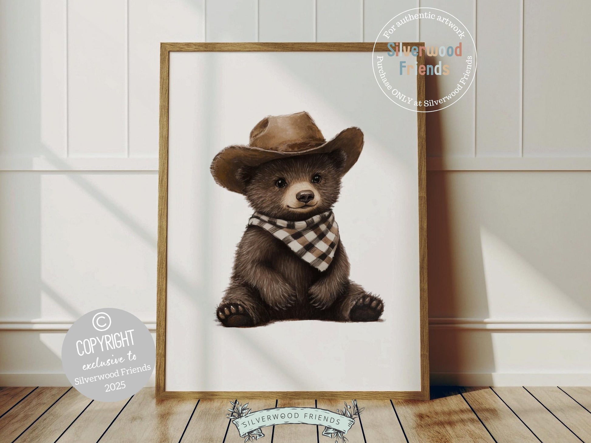 Our charming minimalist Bear Nursery Print features an adorable brown bear donning a cowboy hat and brown plaid bandana—ready for a little wild west adventure! Perfect for bear-themed or western-style nurseries, this sweet print also makes a one-of-a-kind baby shower gift for your little cowboy or cowgirl.