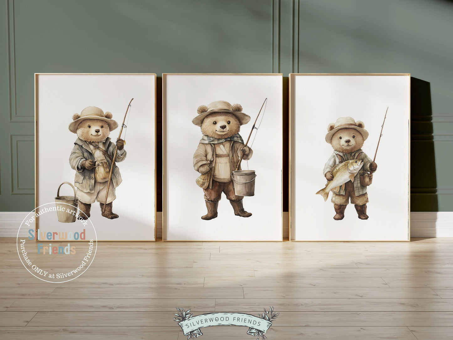 Teddy Bear Fishing Nursery Prints, Woodland Teddy Bear Fishing Nursery Decor, Kids Fishing Gifts, Kids Camping Nursery Decor Digital Print