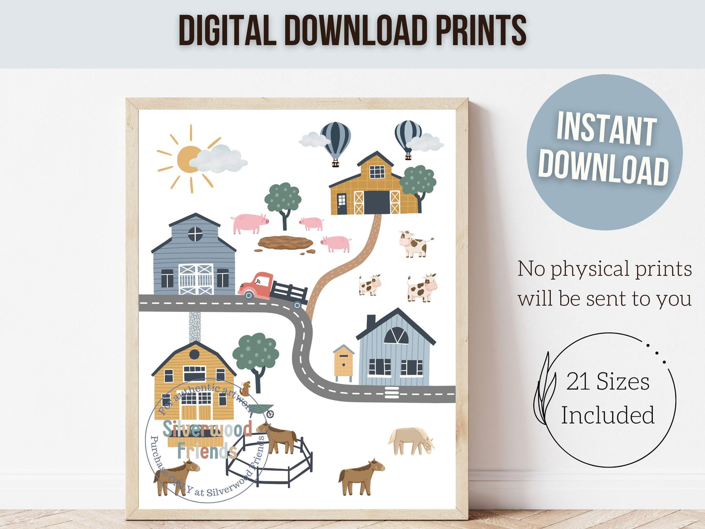 Farm Nursery Prints, Car Nursery Prints, Baby Boy Farm Animal Nursery Decor, Boys Transport Nursery Wall Art, Farm Road Map Digital Prints