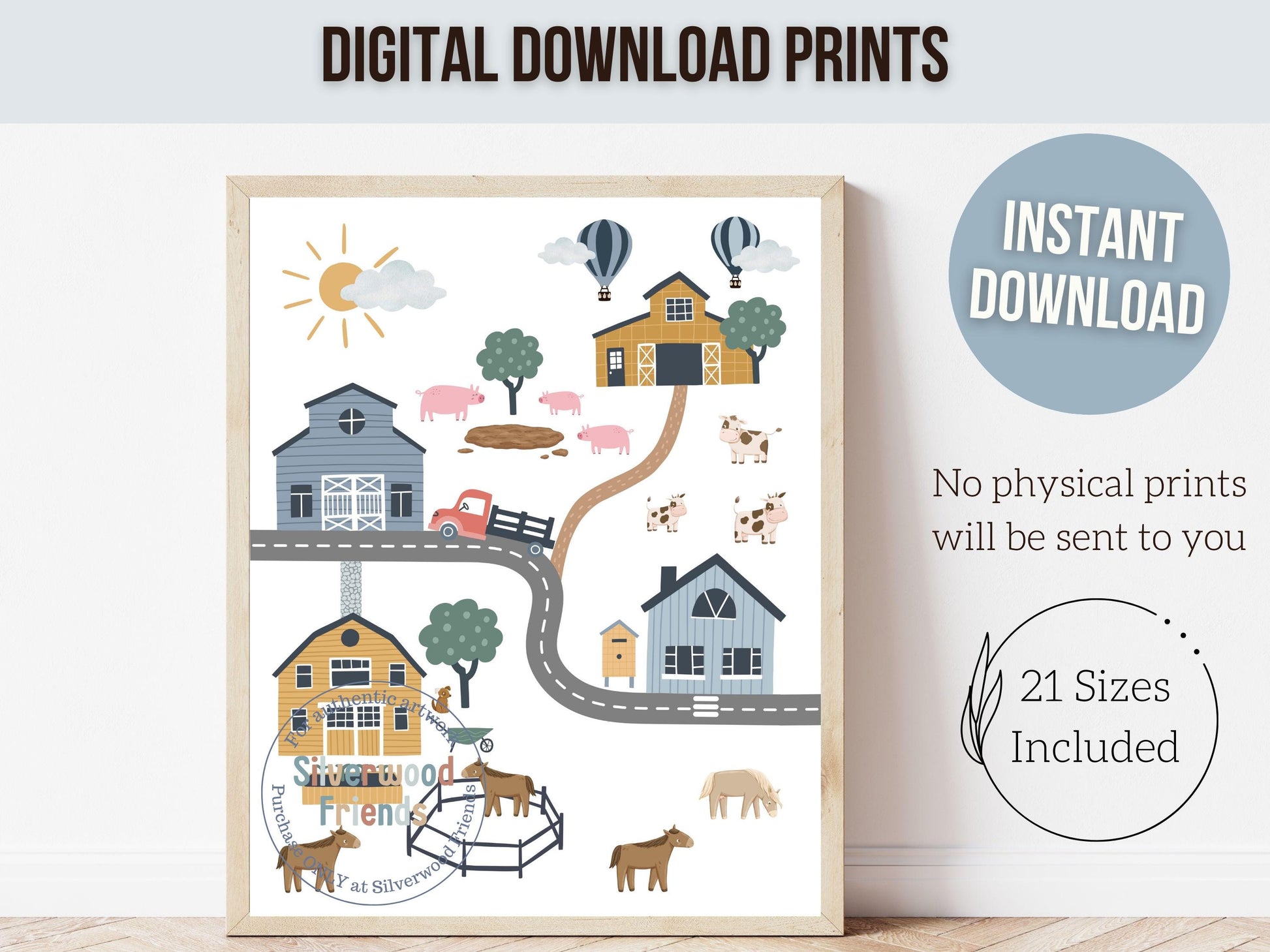 Farm Nursery Prints, Car Nursery Prints, Baby Boy Farm Animal Nursery Decor, Boys Transport Nursery Wall Art, Farm Road Map Digital Prints