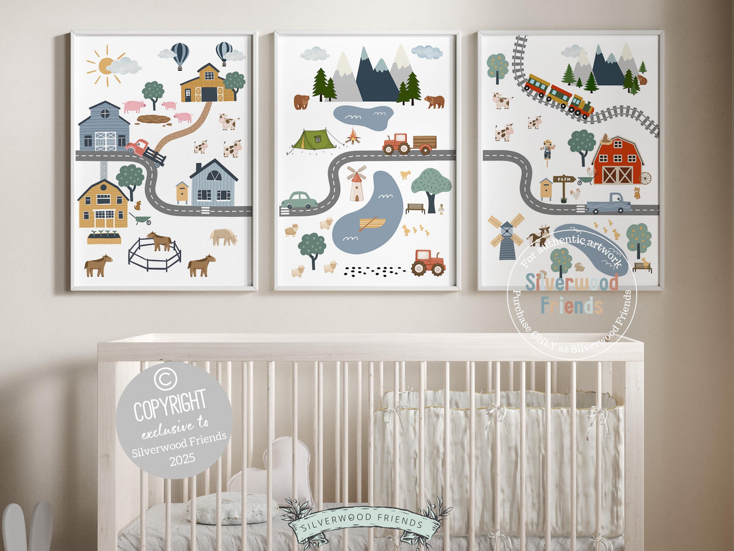 Farm Nursery Prints, Car Nursery Prints, Baby Boy Farm Animal Nursery Decor, Boys Transport Nursery Wall Art, Farm Road Map Digital Prints