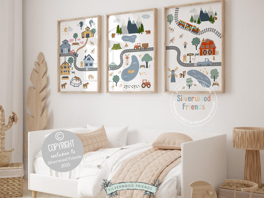 Take your little one on a whimsical adventure through countryside and woodland with our Set of 3 Farm Nursery Prints, featuring a charming mix of farm animals, playful bears, tractors, and cars. Whether you&#39;re creating a transport-themed room or embracing rustic farm charm, these prints spark imagination and bring storybook magic to any nursery. 🚜🐻🌾