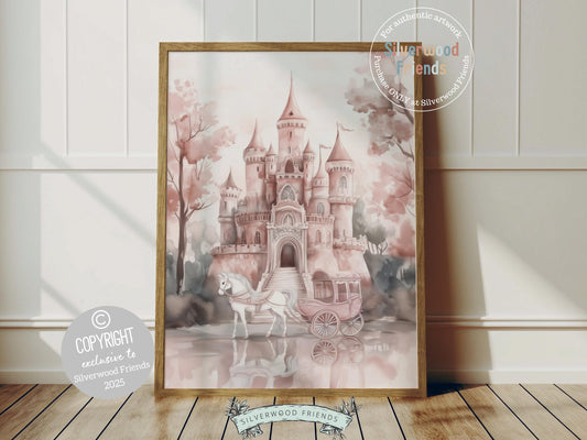 Create a fairytale haven in your baby girl’s nursery with our dreamy Princess Nursery Print, featuring a whimsical castle and elegant horse-drawn carriage. This enchanting artwork is perfect for a princess-themed room, adding a sprinkle of magic and charm to her special space. 👑✨🐴