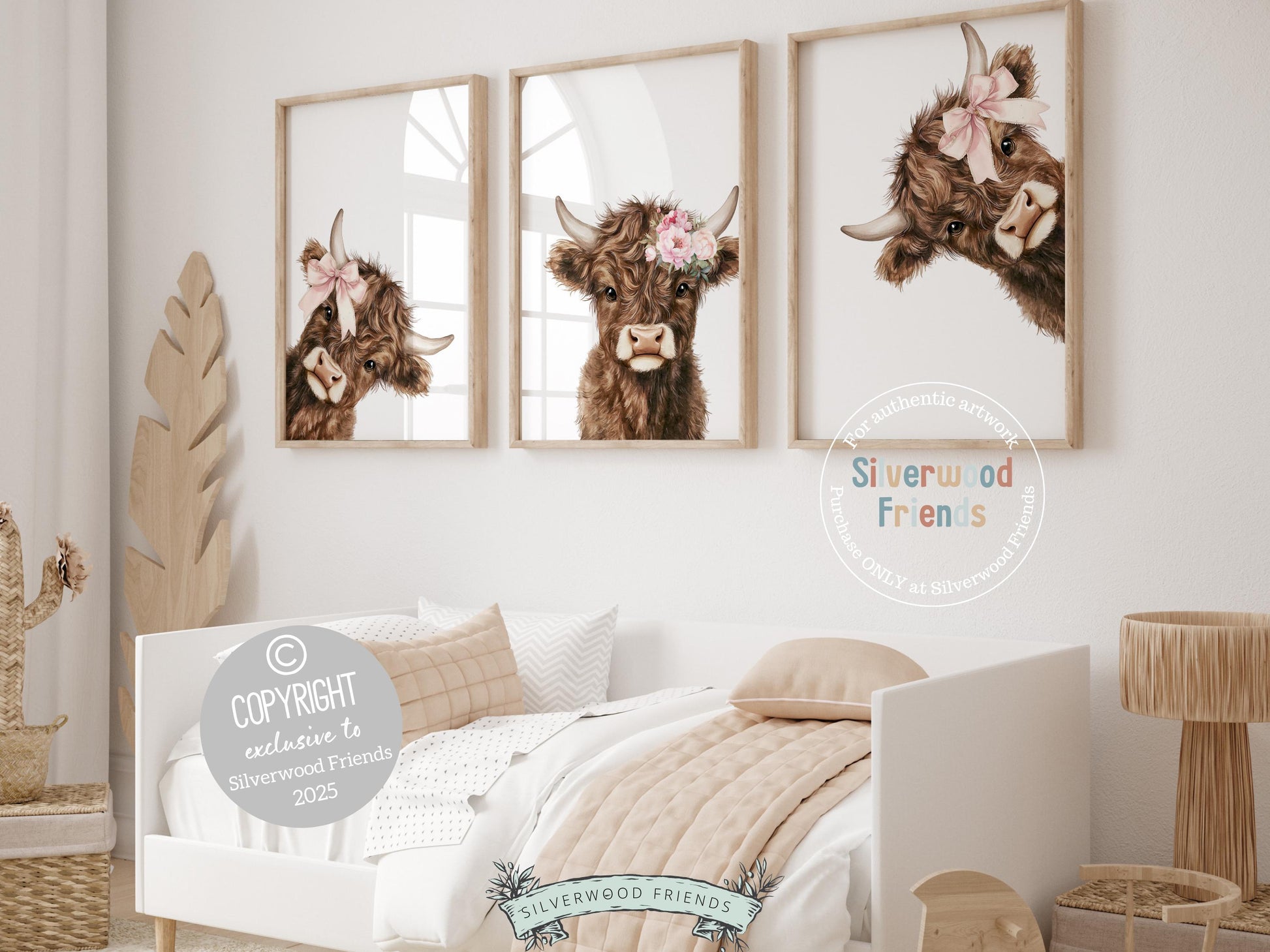 Exclusive to Silverwood Friends, our Peeking Highland Cow Nursery Prints feature sweet baby Highland cows adorned with a pink floral crown and darling little bows. A charming addition to any baby girl&#39;s farm-themed nursery, this print also makes a unique and heartfelt gift for a country-inspired baby shower.