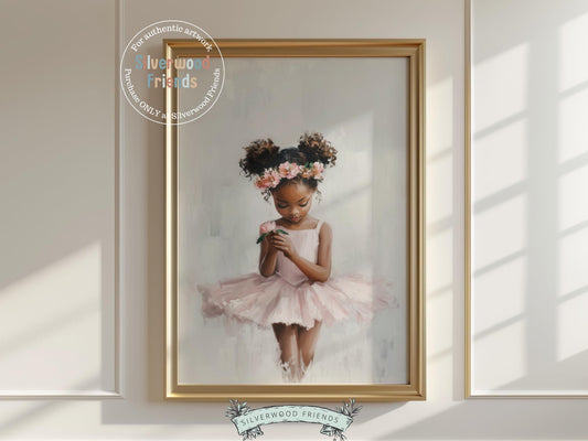 Add a touch of grace and charm to your baby girl&#39;s room with our Black Ballerina Nursery Print, showcasing an adorable little ballerina in a soft pink tutu holding a delicate flower. Perfect for ballet-themed nurseries or dance-inspired bedrooms, this print inspires dreams of twirls, confidence, and beauty in motion. 🩰🌸