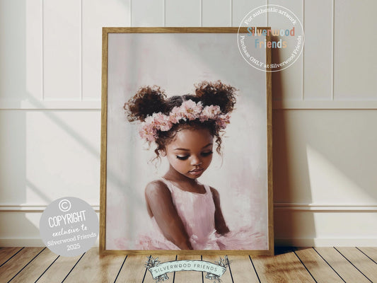 Bring elegance and inspiration to your baby girl&#39;s space with our Black Ballerina Nursery Print, featuring a sweet little ballerina in a soft pink tutu and floral crown. Perfect for ballet-themed nurseries or dance-inspired rooms, this charming artwork celebrates grace, confidence, and the joy of movement. 🩰🌸