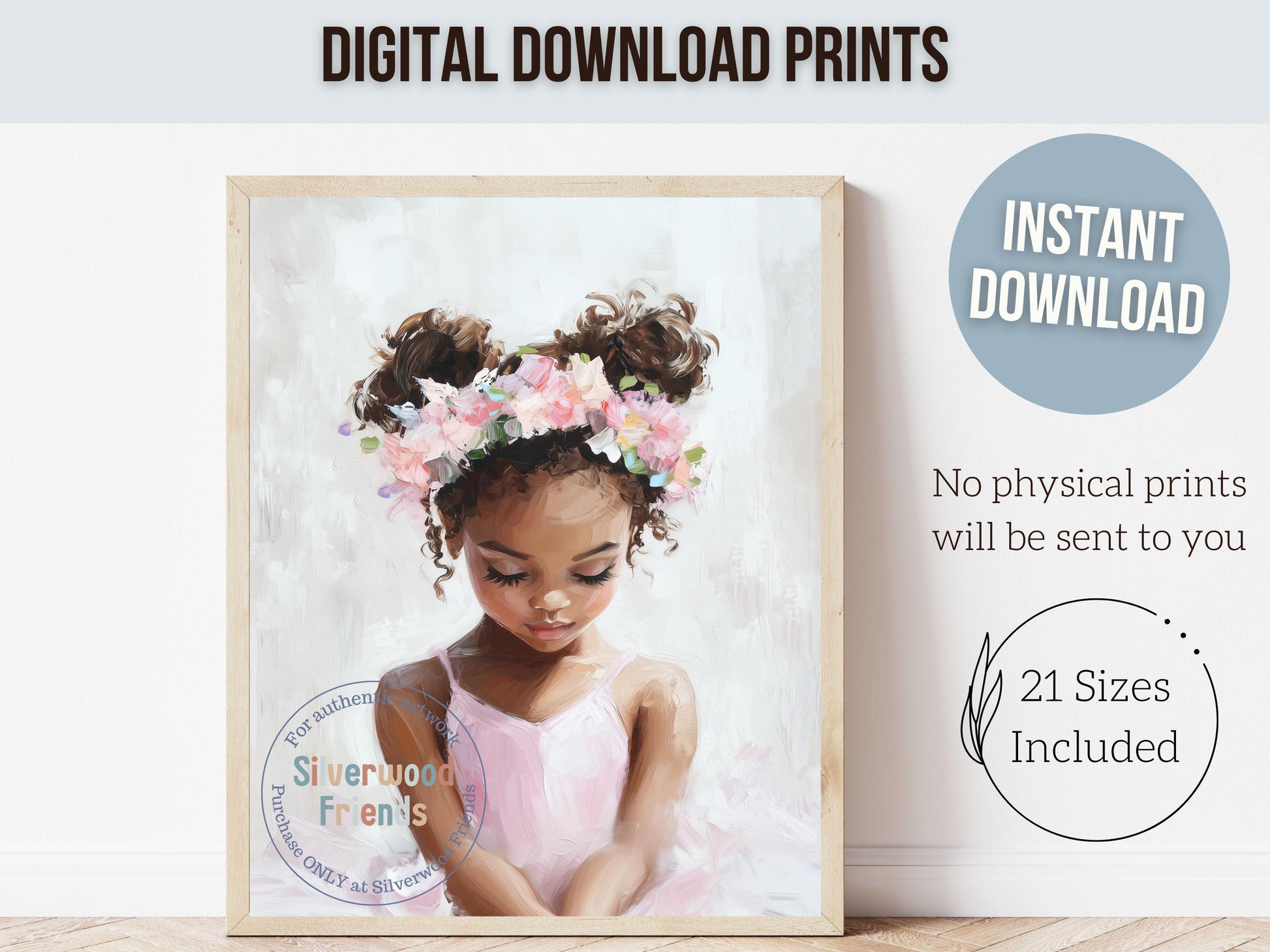 Black Ballerina Nursery Print, African American Ballerina Nursery Decor, Little Black Girl Pink Floral Ballet Nursery Wall Art Digital Print
