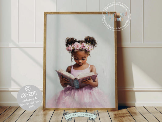 Add a graceful touch to your baby girl’s room with our Ballet Nursery Print, featuring an African American little ballerina in her tutu, quietly reading. Perfect for ballet-themed or book-loving spaces, this heartwarming artwork celebrates curiosity, creativity, and the joy of dance.