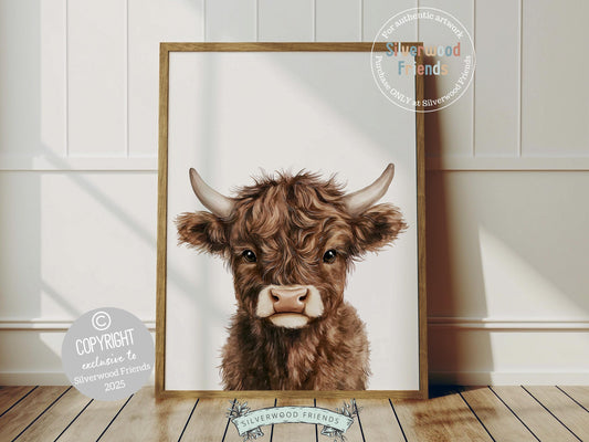 Peeking Highland Cow Nursery Print, Baby Highland Cow Nursery Decor Gift, Gender Neutral Baby Farm Animal Bedroom Wall Decor Digital Print