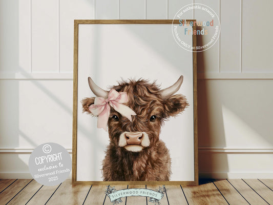 Our adorable Baby Highland Cow Nursery Print features a charming dark brown Highland calf wearing an adorable pink bow in a simple, minimalist style—perfect for farm-themed nurseries or western-inspired bedrooms. Its versatile design makes it a lovely gift and a sweet addition to a variety of home decor styles. 🐮🌾
