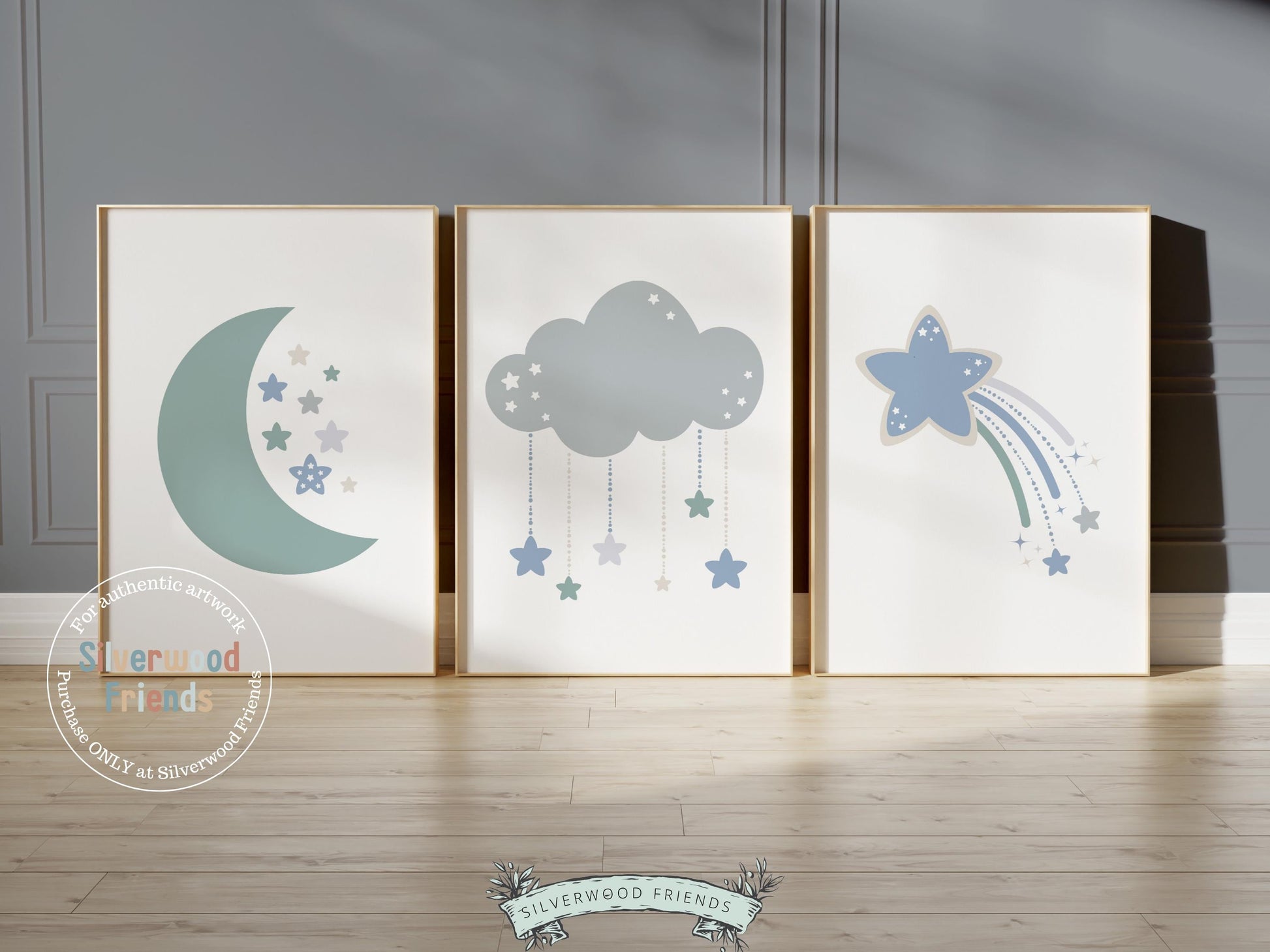 Cloud Moon Stars Nursery Prints, Boys Outer Space Nursery Decor, Boho Kids Night Sky Room Decor, Celestial Nursery Wall Art Digital Print