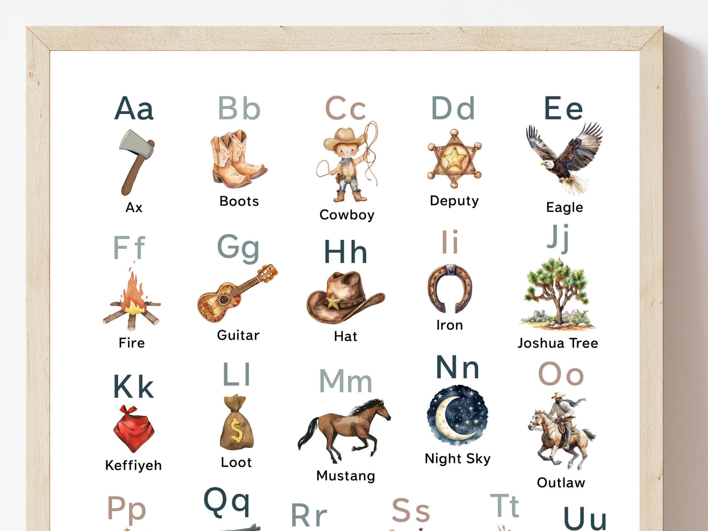 Cowboy Western Alphabet Print, Western ABC Print, Boys Nursery Decor, Boys Rodeo Playroom Poster, Educational Classroom Poster Digital Print