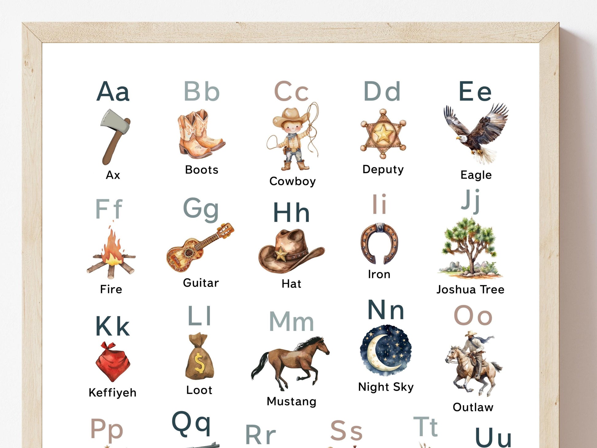 Cowboy Western Alphabet Print, Western ABC Print, Boys Nursery Decor, Boys Rodeo Playroom Poster, Educational Classroom Poster Digital Print