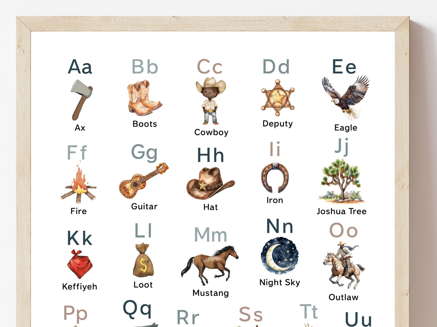 Cowboy Alphabet and Number Print, African American Boys Nursery Decor, Boy Playroom Poster, Educational Classroom ABC Poster Digital Print
