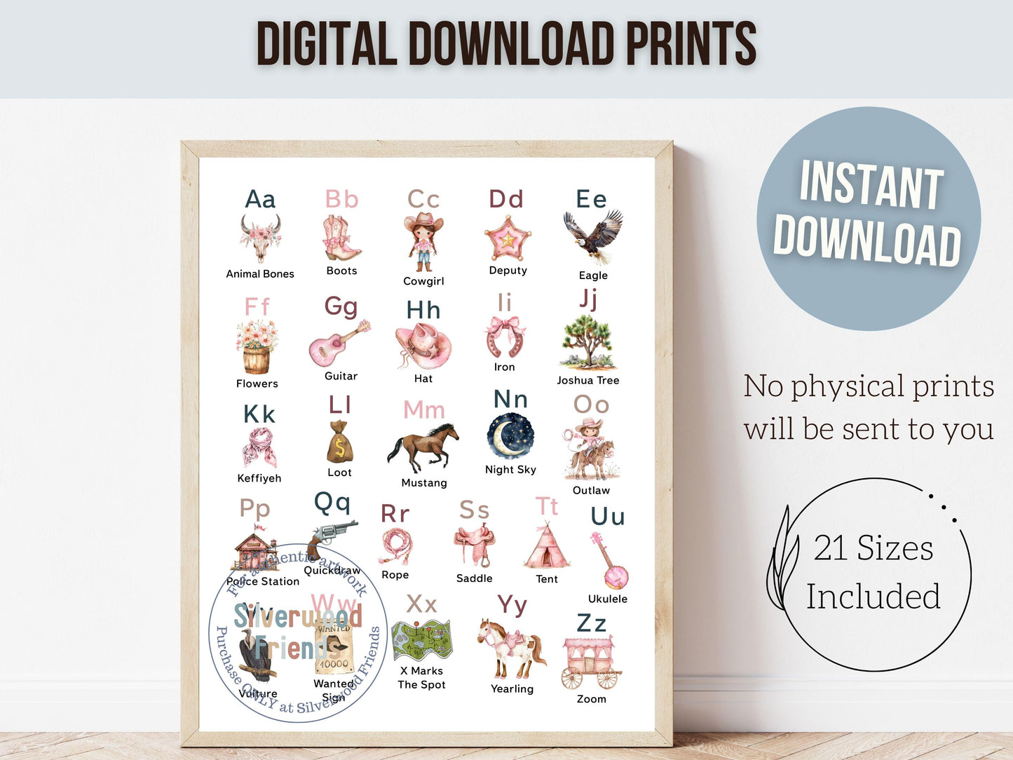 Cowgirl Alphabet and Number Print, Baby Girl Western Nursery Decor, Farmhouse Playroom Decor, Educational Classroom ABC Poster Digital Print
