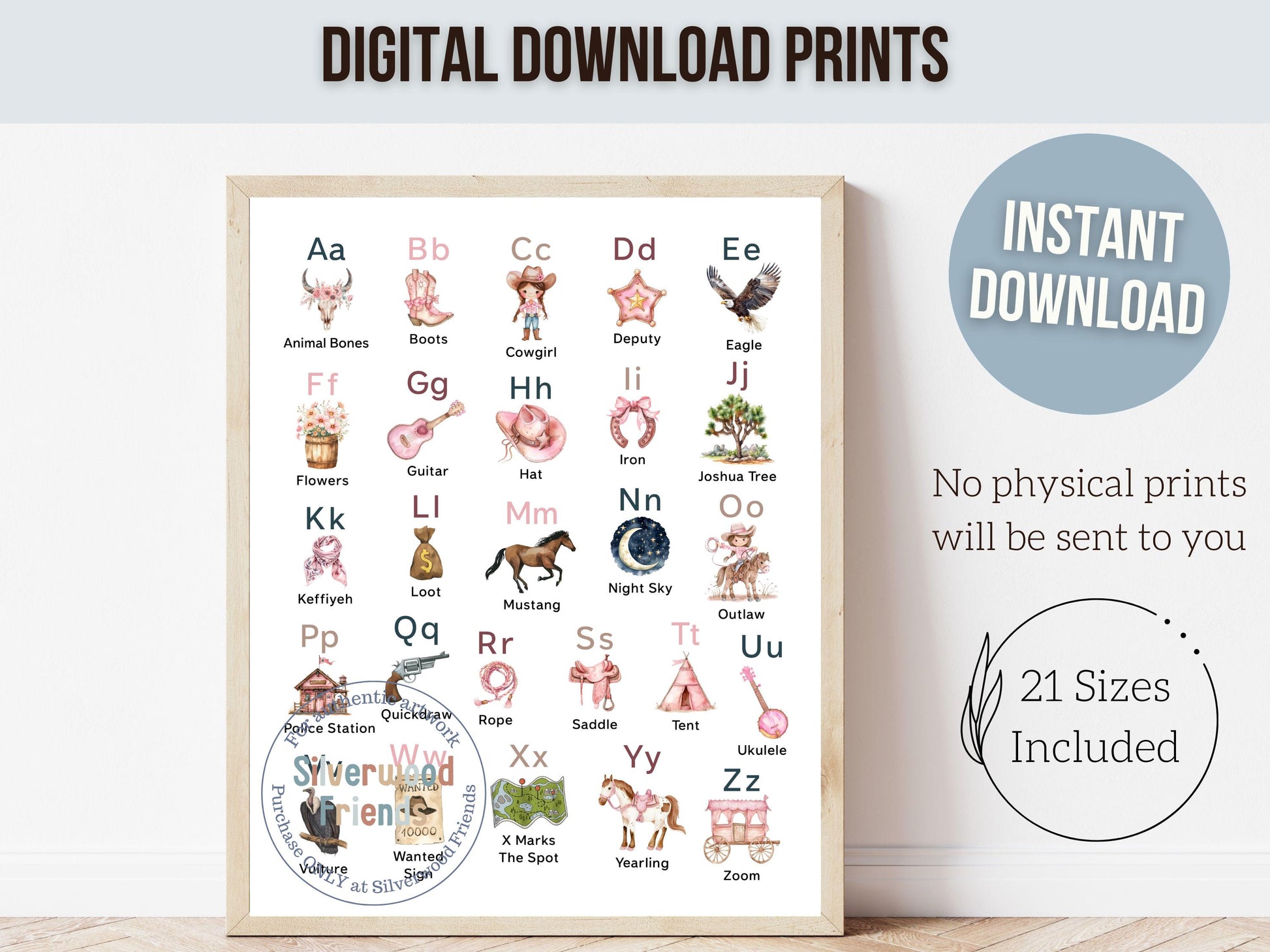 Cowgirl Alphabet and Number Print, Baby Girl Western Nursery Decor, Farmhouse Playroom Decor, Educational Classroom ABC Poster Digital Print