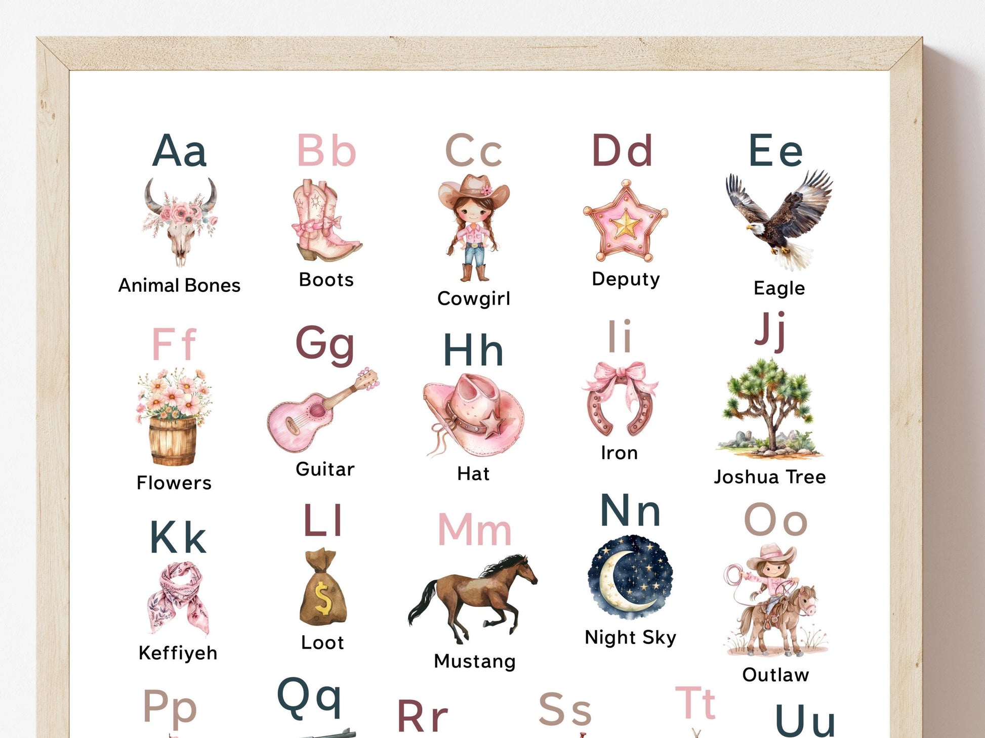 Cowgirl Alphabet and Number Print, Baby Girl Western Nursery Decor, Farmhouse Playroom Decor, Educational Classroom ABC Poster Digital Print