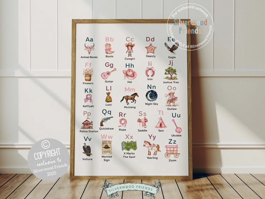 Add a touch of Western charm to your baby girl&#39;s nursery with our Cowgirl Alphabet Print. Featuring beautiful watercolor illustrations, this print makes learning fun and are the perfect blend of decor and education—ideal for a western-themed nursery or a thoughtful, unique baby shower gift.