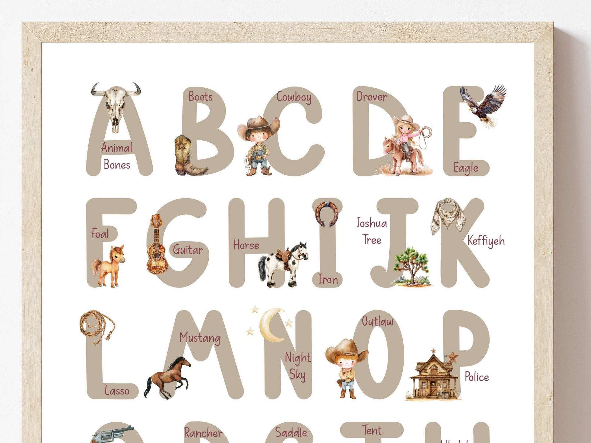 Cowboy Alphabet and Number Print, Gender Neutral Western Nursery Decor, Cowgirl Alphabet Print, Baby Boy Cowboy Nursery Decor Digital Print