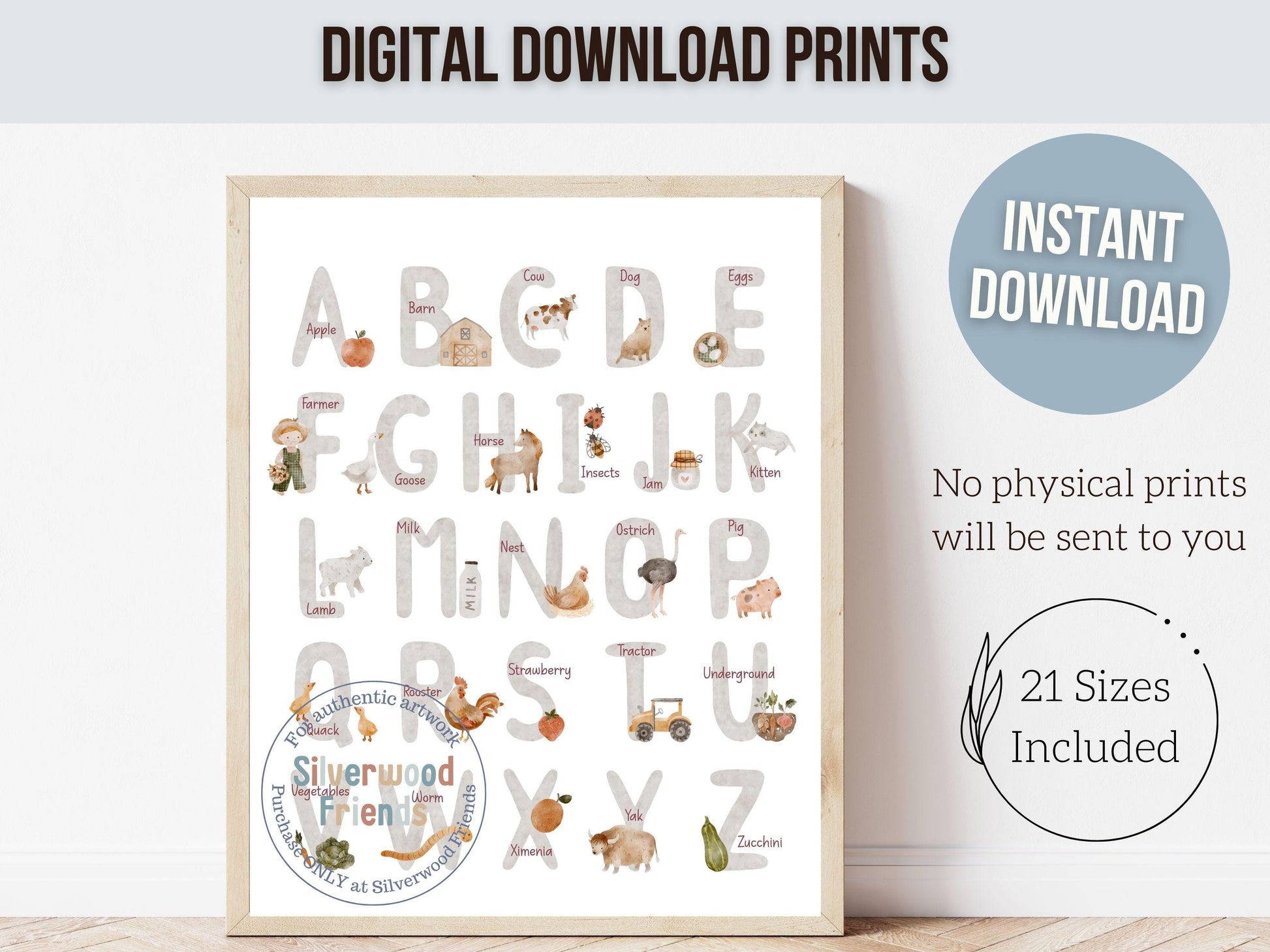Farm Alphabet and Numbers Print, Farm Animals Nursery Wall Art, Farm Animal Poster, Homeschool Educational ABC Alphabet Poster Digital Print