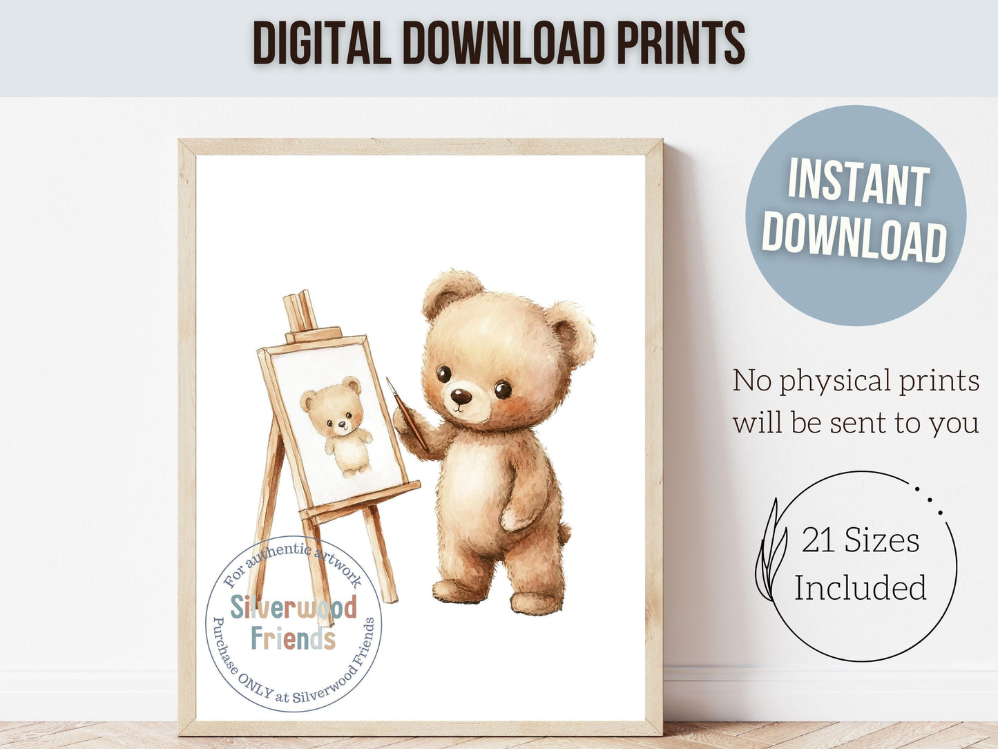 Artistic Teddy Bear Nursery Prints, Artist Bear Nursery Decor, Bear Nursery Wall Art, Creative Kids Room Art Classroom Decor Digital Print