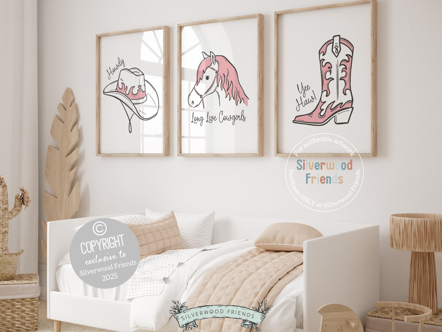 Add a touch of western charm to your baby girl’s space with our Silverwood Friends Set of 3 Cowgirl Nursery Prints, featuring minimalist line art of cowgirl essentials in soft pink and brown tones. These stylish prints are perfect for a western-themed nursery or a unique and thoughtful baby shower gift.
