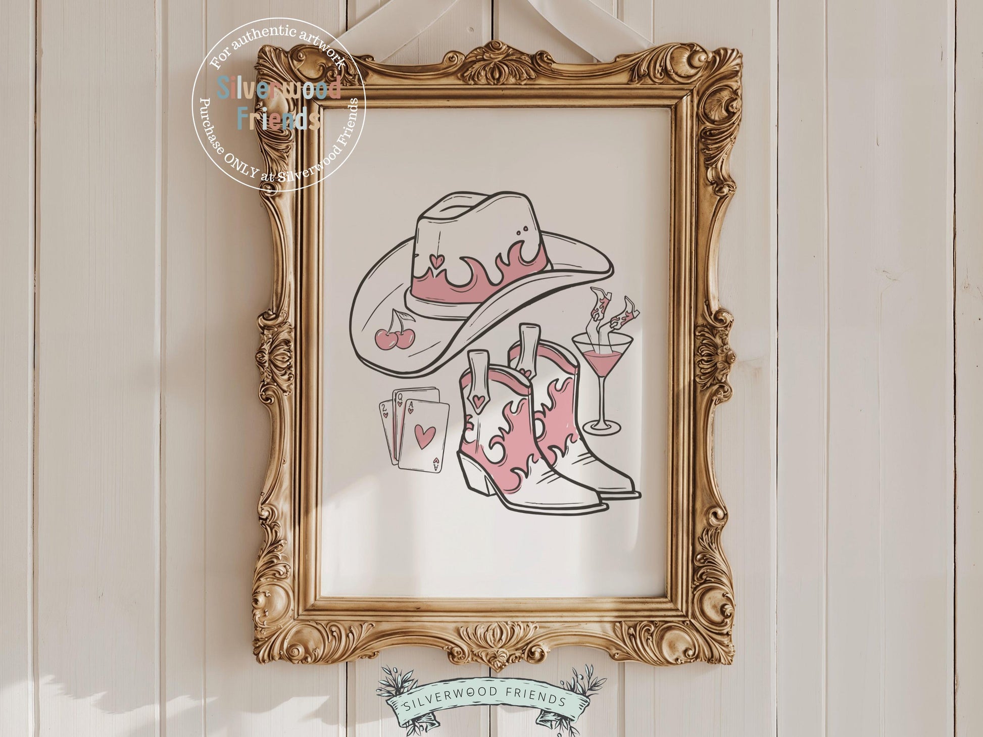 Bring a bit of western sass to your space with our Cowgirl Print, showcasing chic line drawings of a cowgirl hat, boots, martini glass, and playing cards. Perfect for country-themed decor, this versatile artwork adds playful charm to any cowgirl-inspired room or gallery wall.