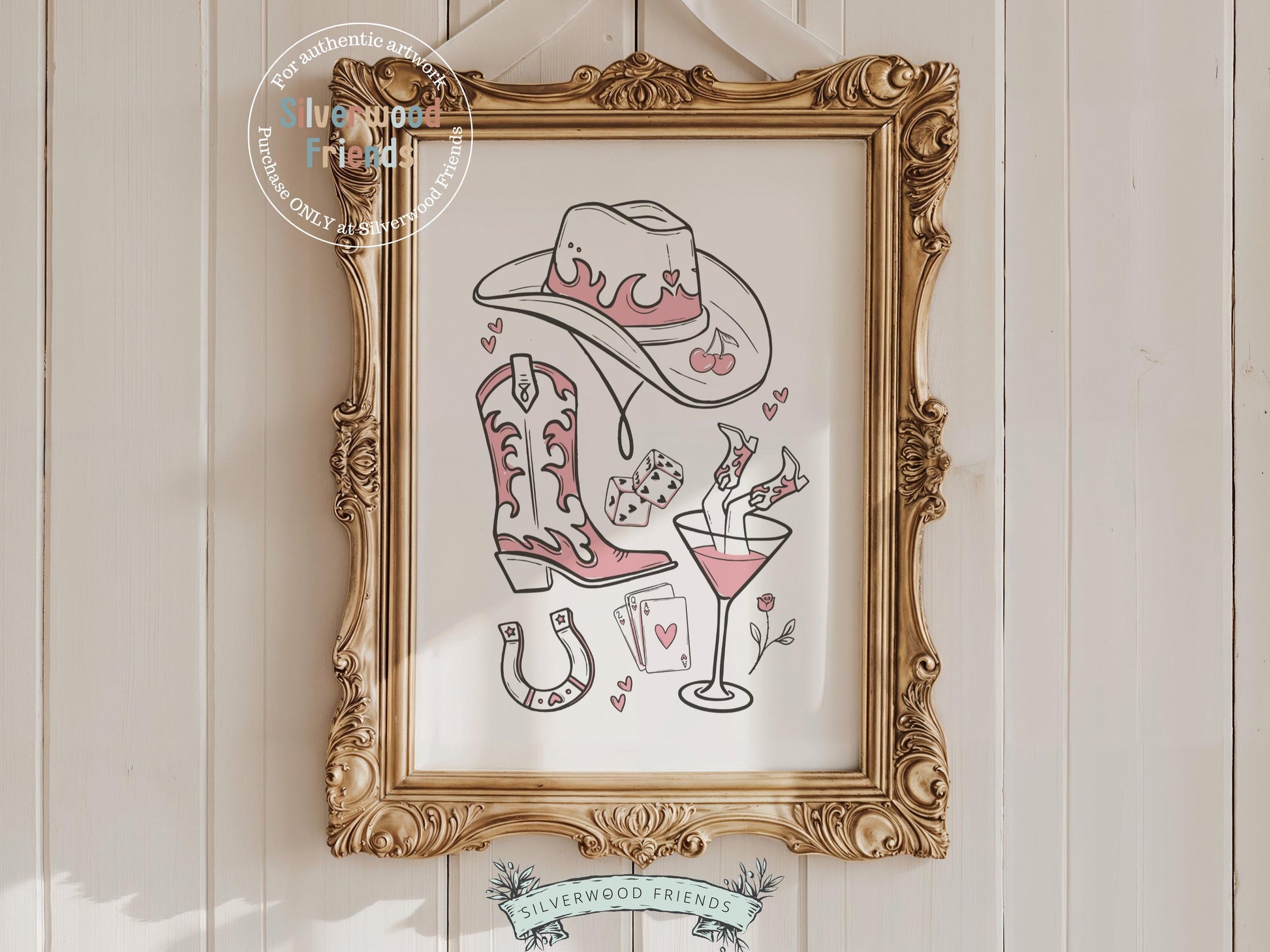 Pink Cowgirl Hat Print, Cowgirl Boots Print, Martini Print, Coquette Room Decor, Western Horse Shoe Wall Art, Dopamine Decor Digital Print