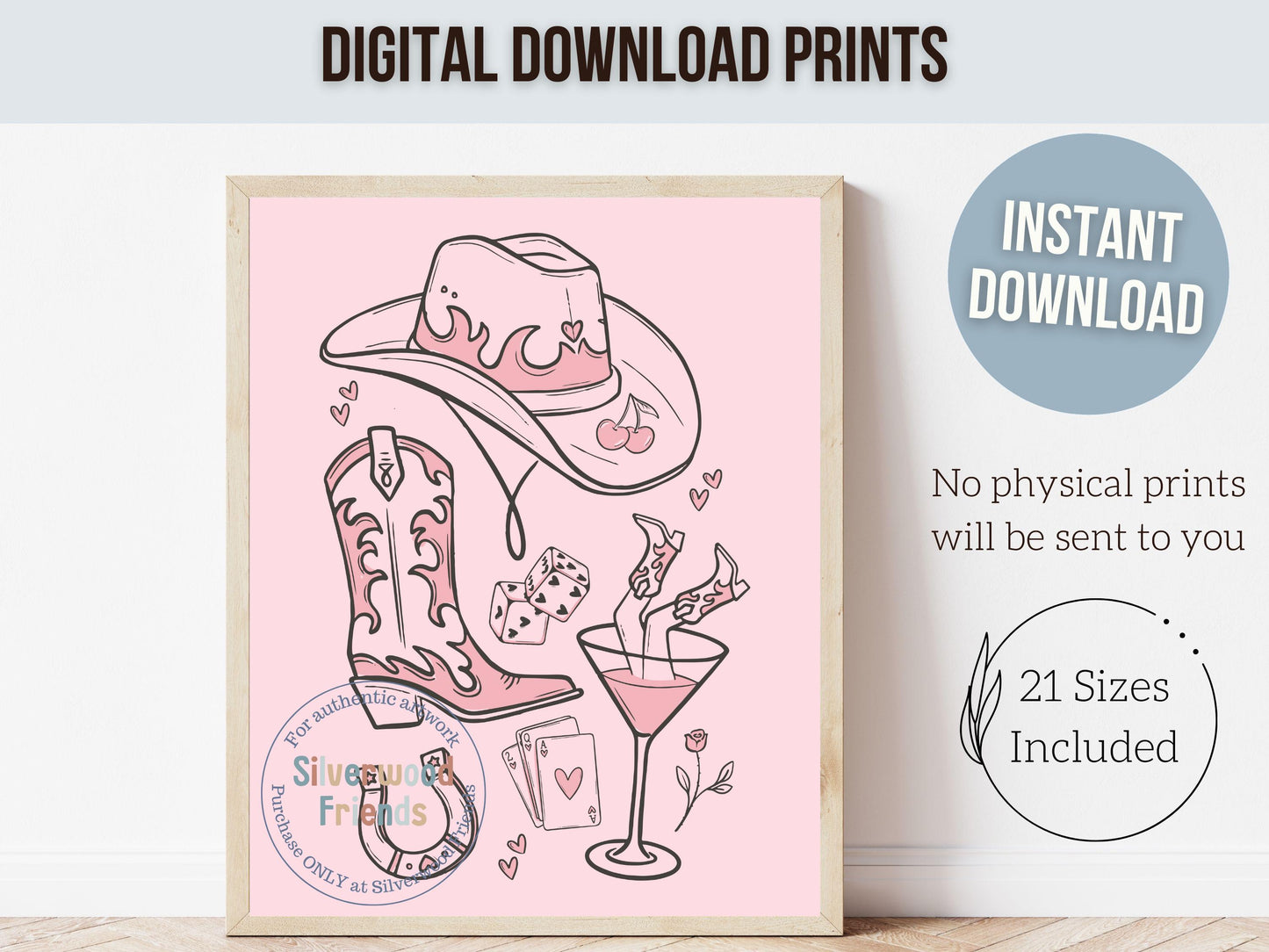 Pink Cowgirl Hat Print, Cowgirl Boots Print, Martini Print, Coquette Room Decor, Western Horse Shoe Wall Art, Dopamine Decor Digital Print
