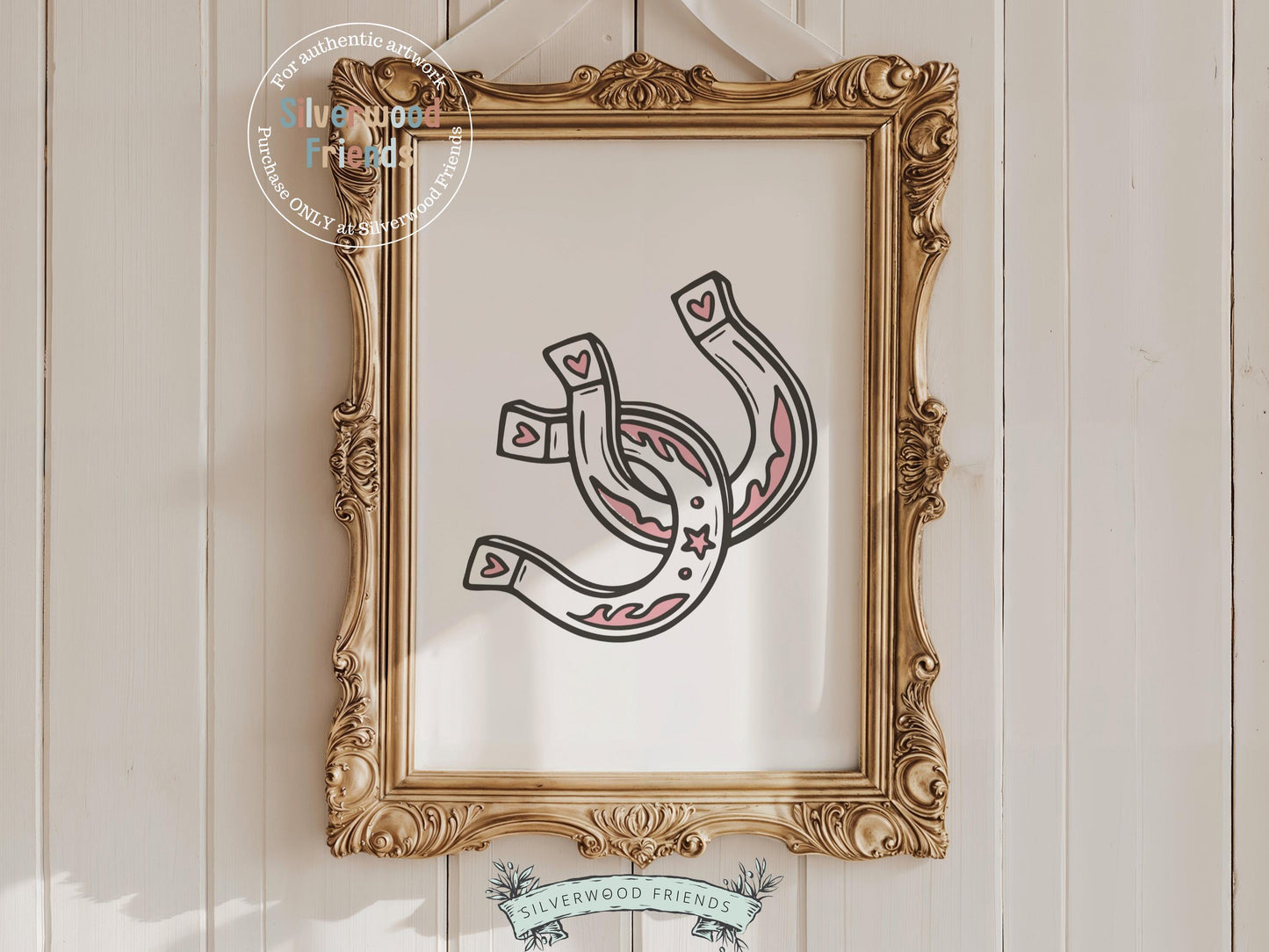 Add a charming western touch to your space with our Horseshoe Print, featuring two intertwined horseshoes in soft pink and brown hues. Perfect for country-themed decor or a cowgirl-inspired gallery wall, it also makes a thoughtful engagement gift for horse-loving couples.