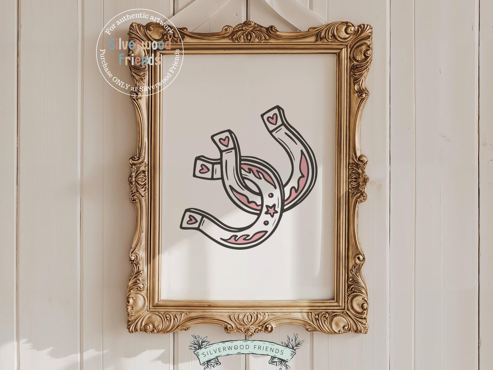 Add a charming western touch to your space with our Horseshoe Print, featuring two intertwined horseshoes in soft pink and brown hues. Perfect for country-themed decor or a cowgirl-inspired gallery wall, it also makes a thoughtful engagement gift for horse-loving couples.