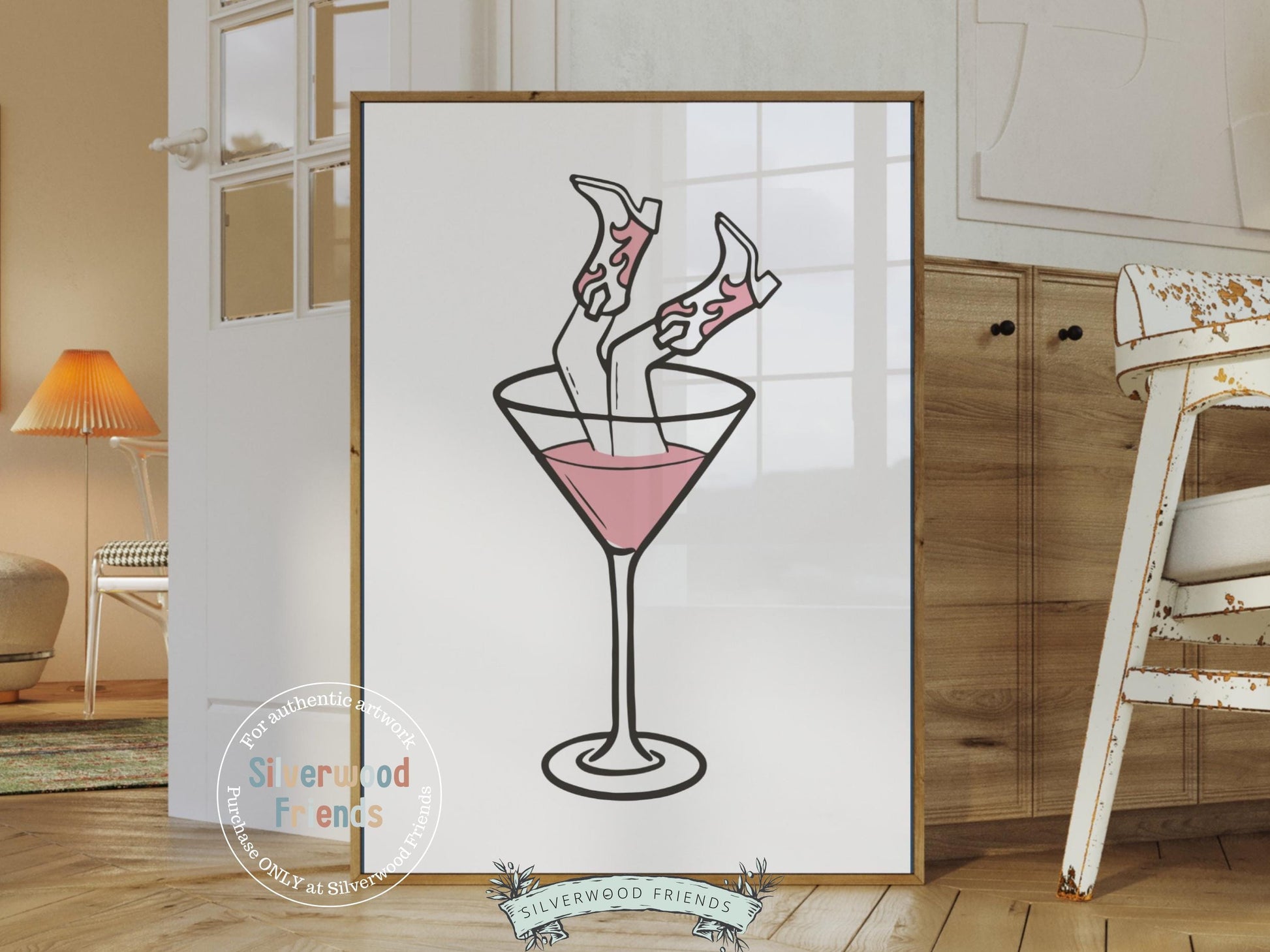 Pink Martini Print, Cowgirl Boots Print, Martini Poster, Bar Cart Art, Coquette Room Decor, Teen Girl Western Dopamine Decor Digital Print