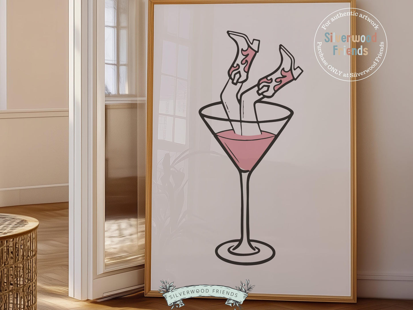 Pink Martini Print, Cowgirl Boots Print, Martini Poster, Bar Cart Art, Coquette Room Decor, Teen Girl Western Dopamine Decor Digital Print