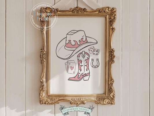 Add a splash of western flair to your space with our Cowgirl Print, featuring elegant line drawings of cowgirl essentials—hat, boots, martini glass, dice, horseshoe and playing cards. Perfect for country-themed decor, this stylish and versatile piece brings a playful yet polished touch to any cowgirl-inspired room or gallery wall.