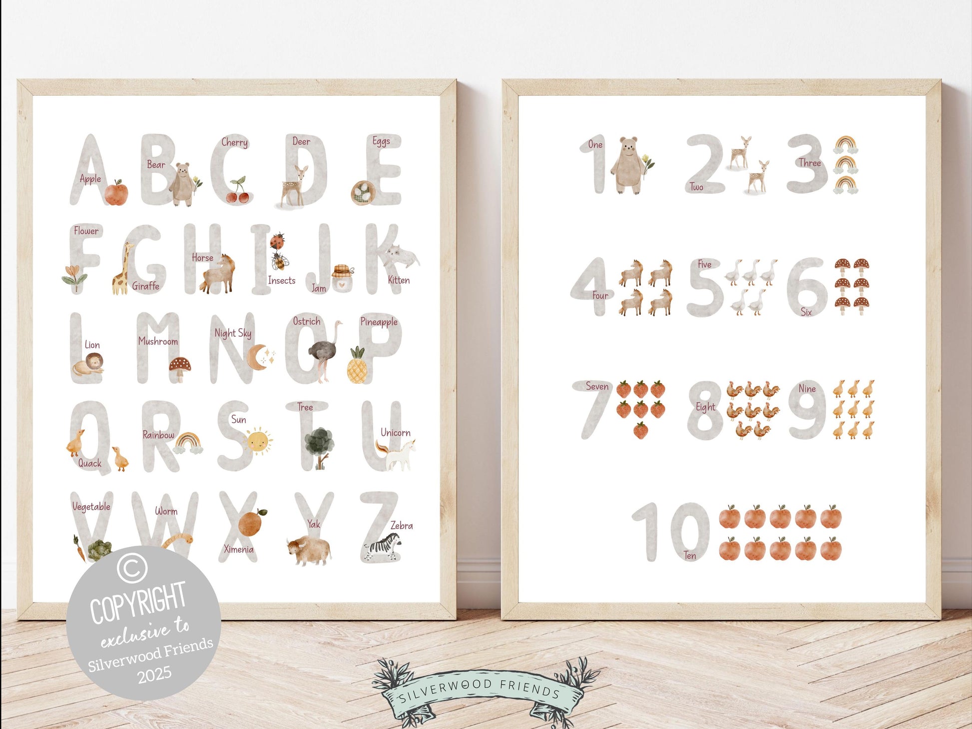 Introduce the ABCs and 123s in style with our beautifully illustrated Woodland Alphabet and Number Posters, featuring charming watercolor woodland animals and nature elements. A perfect match to our BEST SELLING Boho Woodland Nursery Prints, they’re ideal for woodland-themed nursery decor and make a lovely gender-neutral baby shower gift. 🌲🦊📚