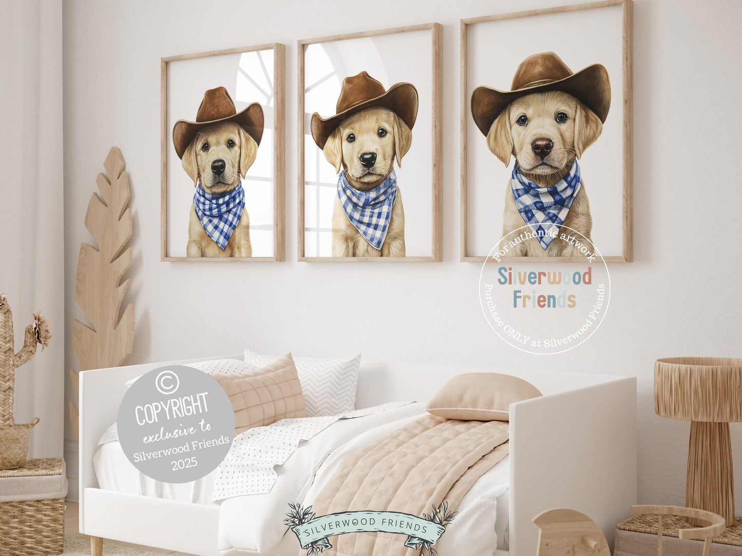 Aww! Cuteness overload! Add a touch of rustic charm to your baby&#39;s nursery with our Cowboy Nursery Prints, featuring adorable blonde labrador puppies dressed in cowboy hats and blue check bandanas. Perfect for dog-loving families, this heartwarming artwork brings a playful western vibe and makes a thoughtful baby shower gift.