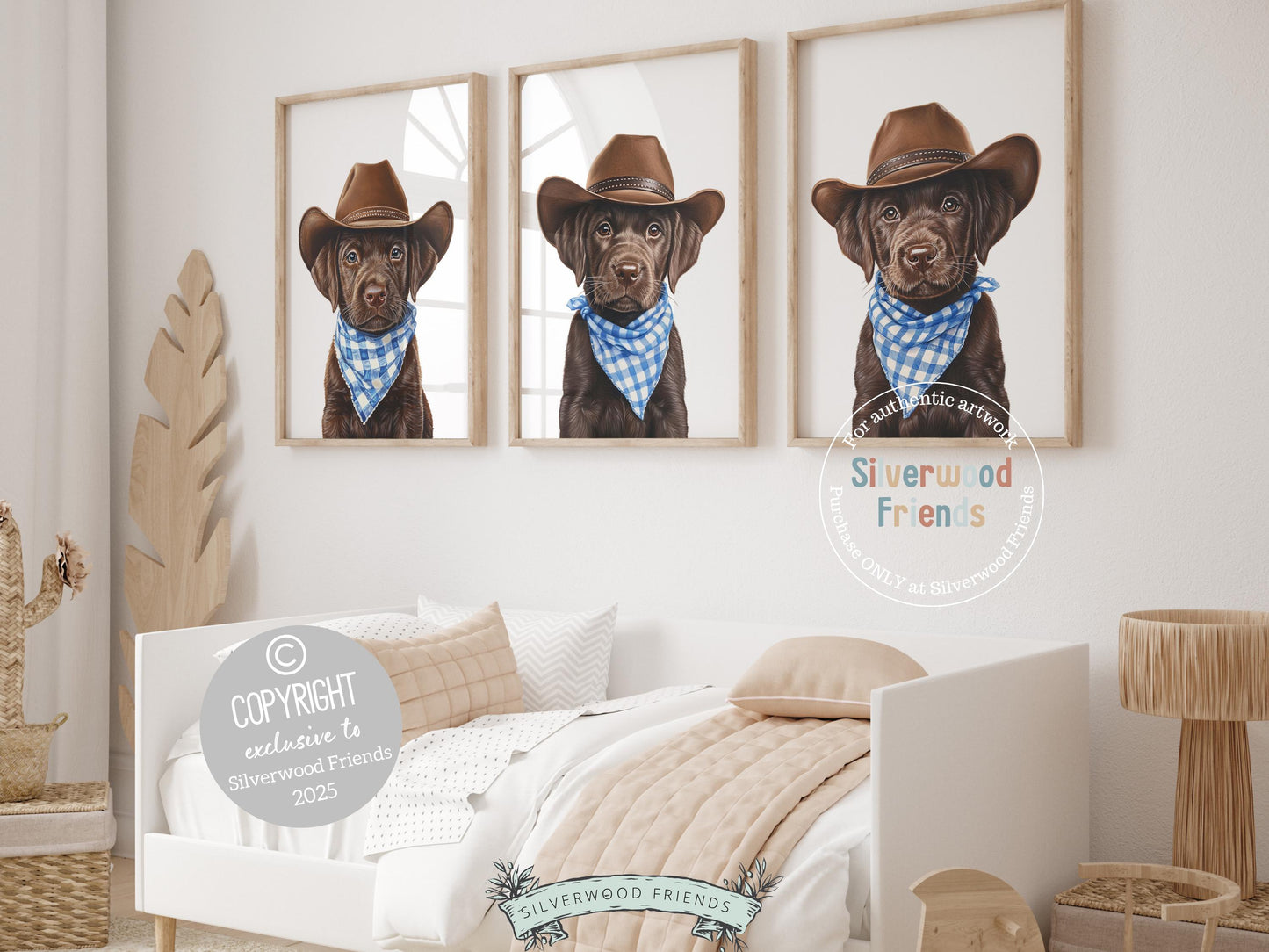 Aww! Cuteness overload! Add a touch of rustic charm to your baby&#39;s nursery with our Cowboy Nursery Prints, featuring adorable chocolate brown labrador puppies dressed in cowboy hats and blue check bandanas. Perfect for dog-loving families, this heartwarming artwork brings a playful western vibe and makes a thoughtful baby shower gift.