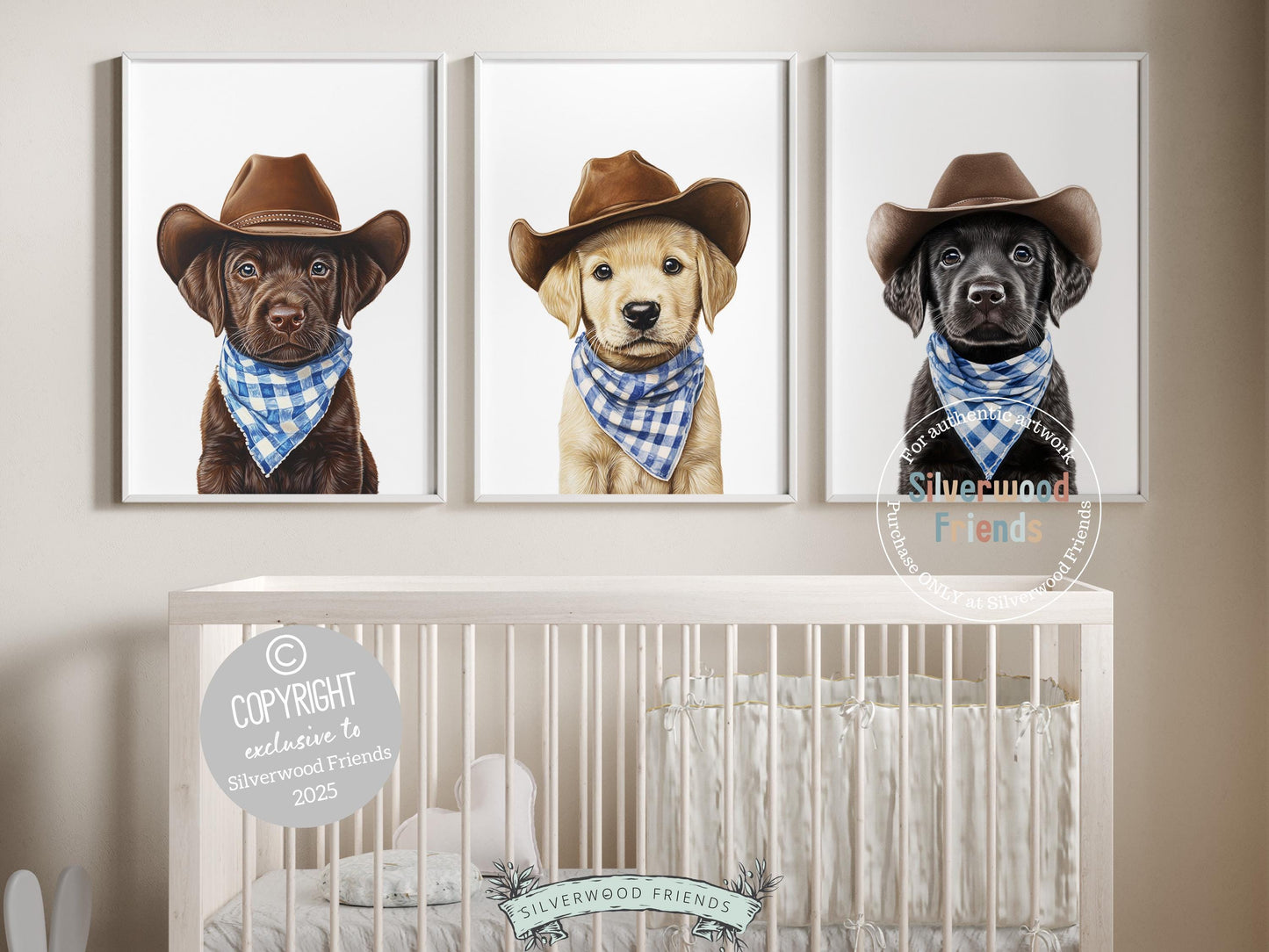 Cuteness overload! Add rustic charm to your baby’s nursery with our Cowboy Nursery Prints, featuring lovable chocolate, yellow, and black labrador puppies all dressed in cowboy hats and blue check bandanas. Perfect for dog-loving families, this heartwarming artwork brings a fun western vibe and makes a unique, thoughtful baby shower gift.