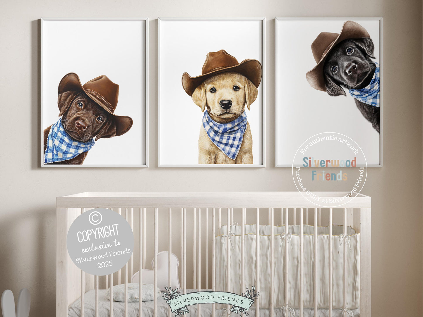 Cuteness overload! Add rustic charm to your baby’s nursery with our Cowboy Nursery Prints, featuring lovable peeking chocolate, yellow, and black labrador puppies all dressed in cowboy hats and blue check bandanas. Perfect for dog-loving families, this heartwarming artwork brings a fun western vibe and makes a unique, thoughtful baby shower gift.
