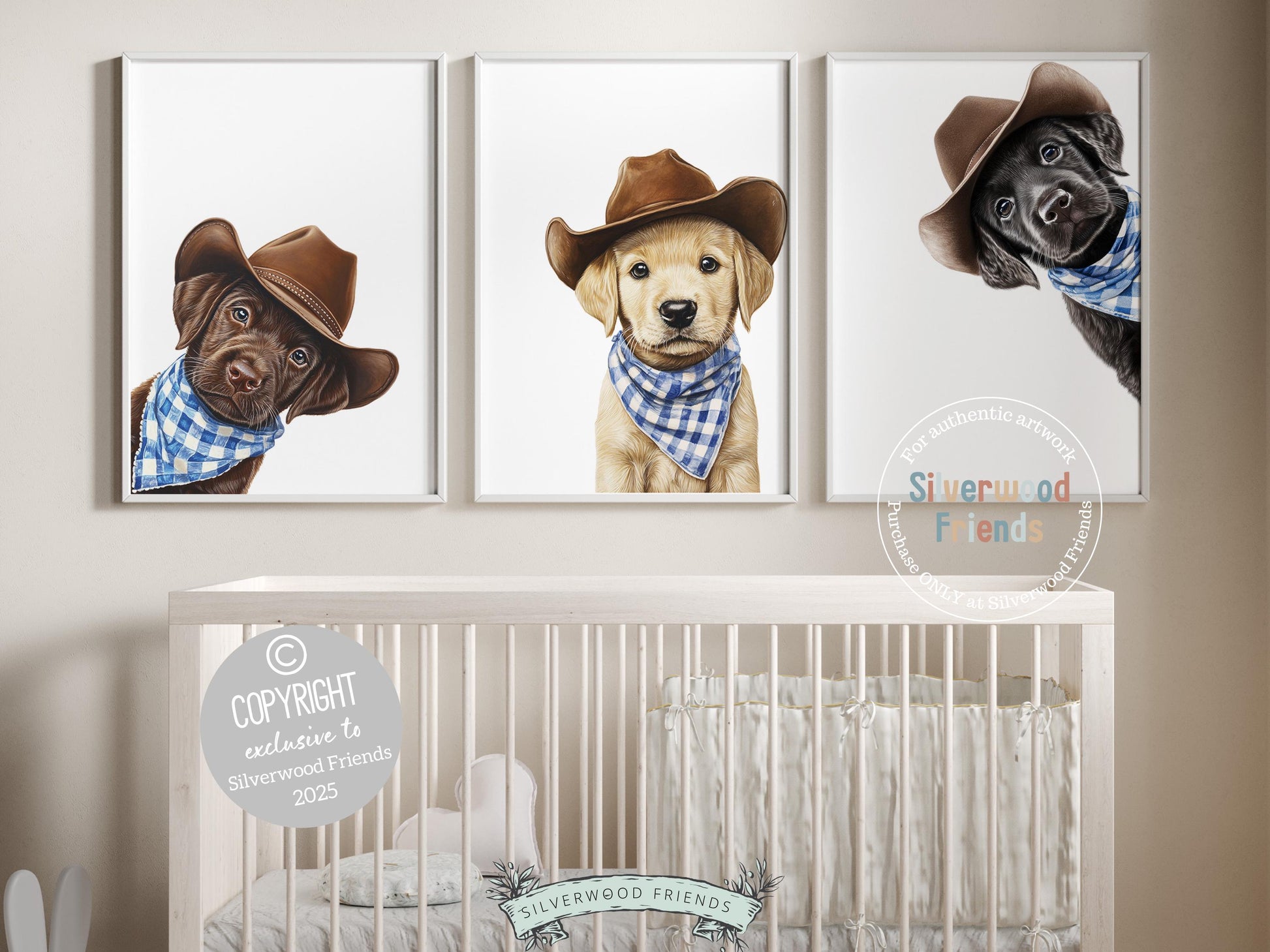 Cuteness overload! Add rustic charm to your baby’s nursery with our Cowboy Nursery Prints, featuring lovable peeking chocolate, yellow, and black labrador puppies all dressed in cowboy hats and blue check bandanas. Perfect for dog-loving families, this heartwarming artwork brings a fun western vibe and makes a unique, thoughtful baby shower gift.