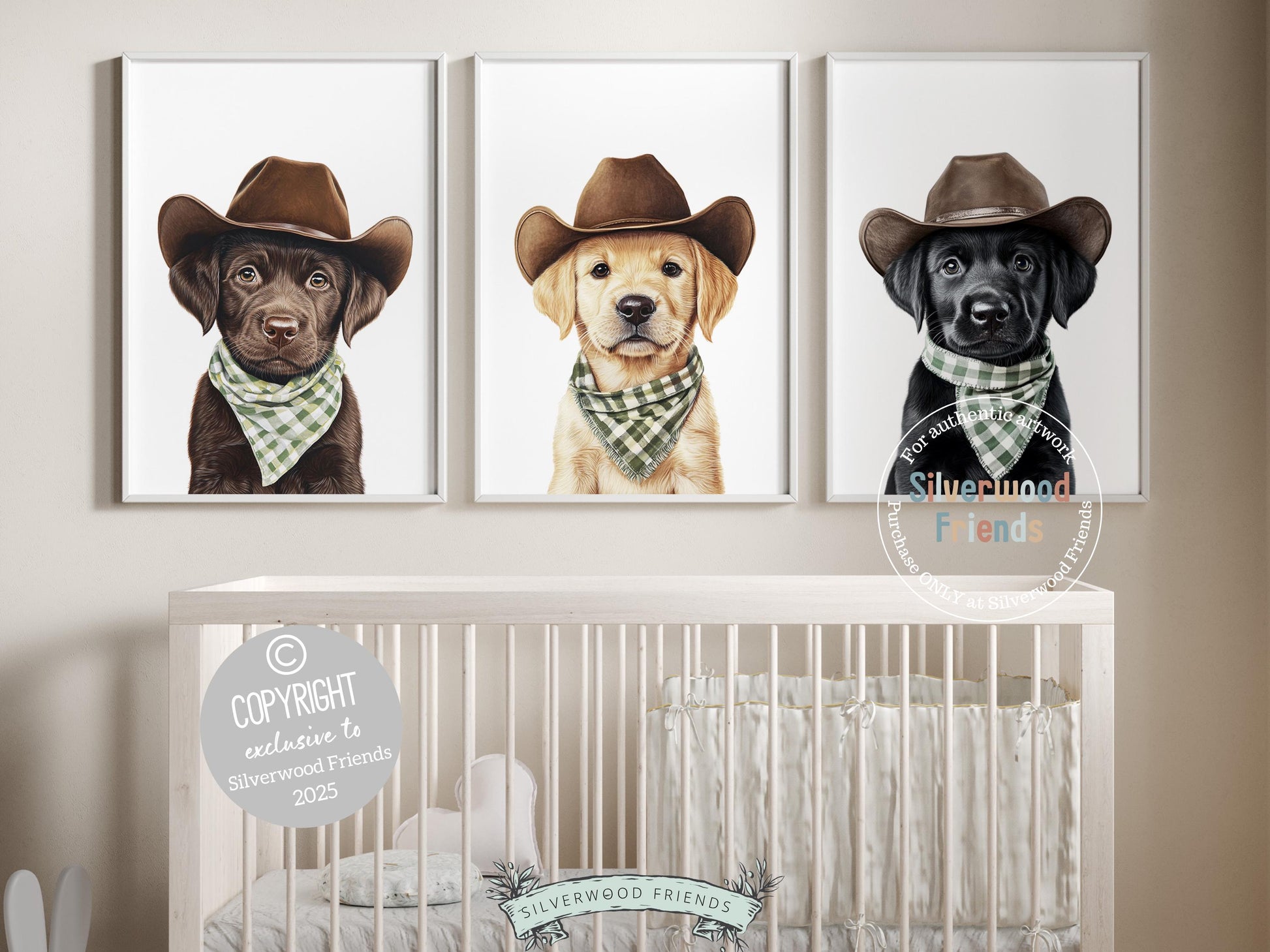 Cuteness overload! Add rustic charm to your baby’s nursery with our Cowboy Nursery Prints, featuring lovable chocolate, yellow, and black Labrador puppies all dressed in cowboy hats and sage green check bandanas. Perfect for dog-loving families, this heartwarming artwork brings a fun western vibe and makes a unique, thoughtful baby shower gift.