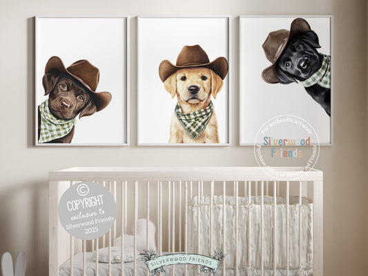 Cuteness overload! Add rustic charm to your baby’s nursery with our Cowboy Nursery Prints, featuring lovable peeking chocolate, yellow, and black Labrador puppies all dressed in cowboy hats and sage green check bandanas. Perfect for dog-loving families, this heartwarming artwork brings a fun western vibe and makes a unique, thoughtful baby shower gift.