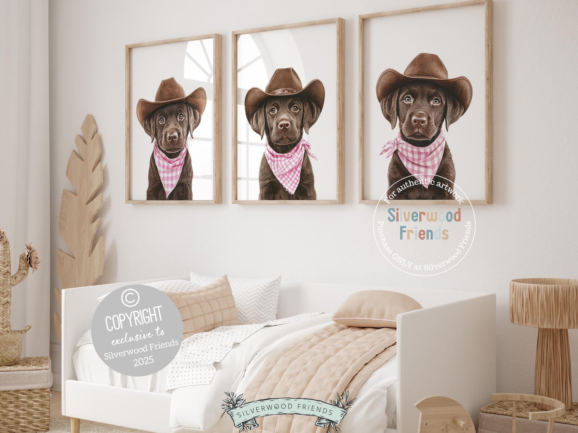 Aww! Cuteness overload! Add a touch of rustic charm to your baby&#39;s nursery with our Cowboy Nursery Prints, featuring adorable chocolate brown Labrador puppies dressed in cowboy hats and pink and white check bandanas. Perfect for dog-loving families, this heartwarming artwork brings a playful western vibe and makes a thoughtful baby shower gift.