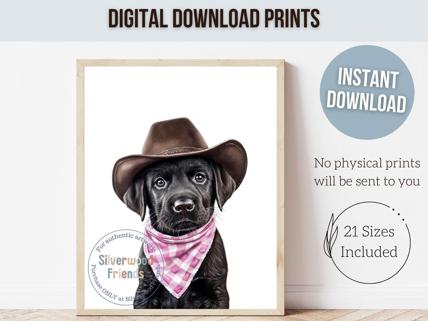 Labrador Dog Cowboy Hat Print, Baby Girl Cowgirl Western Nursery Decor, Cowgirl Western Dog Nursery Wall Art, Black Labrador Digital Print