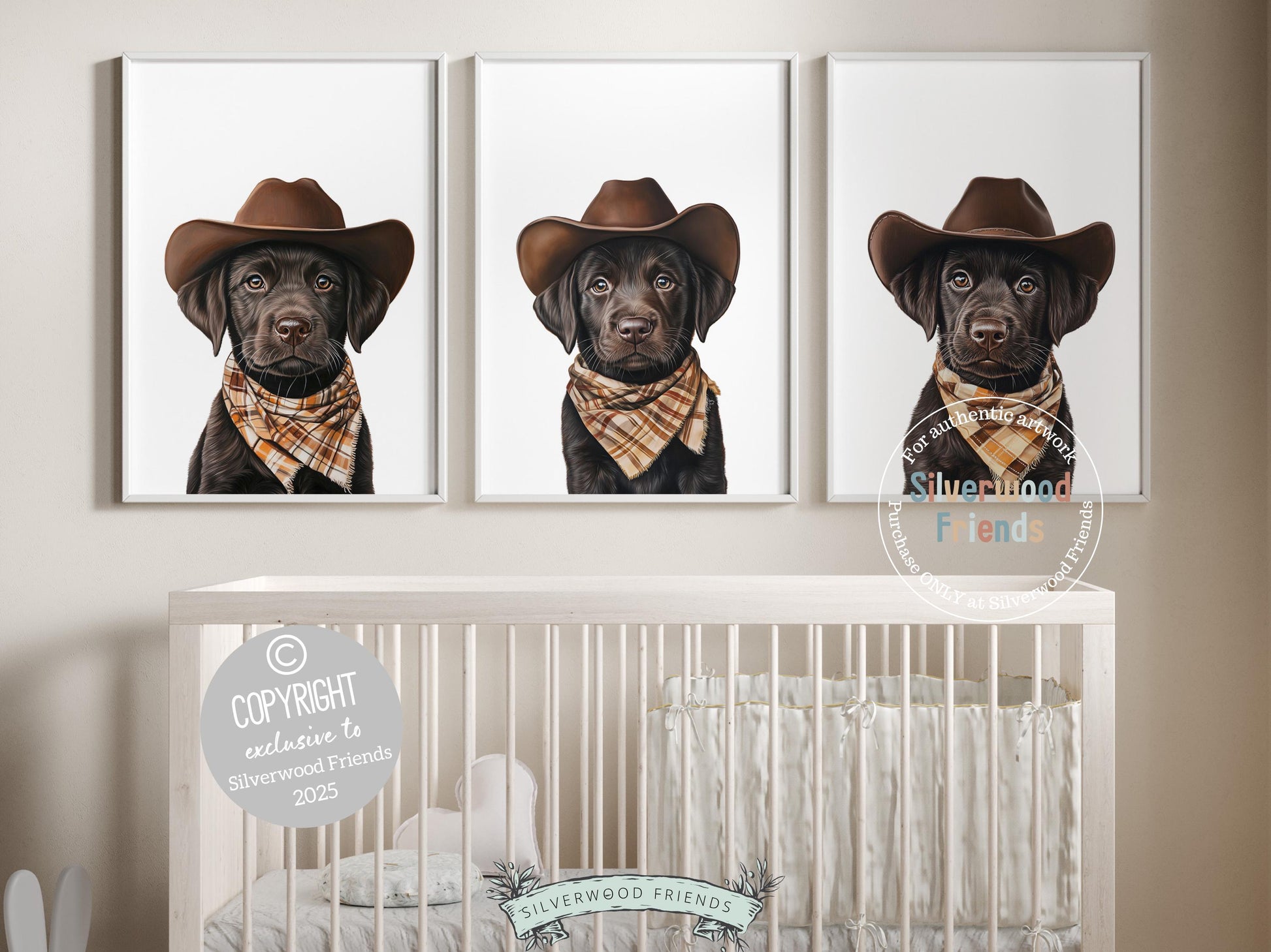 Aww, cuteness alert! Bring rustic charm to your baby’s nursery with our Cowboy Nursery Prints, featuring sweet chocolate brown Labrador puppies dressed in cowboy hats and neutral brown check bandanas. Perfect for dog-loving families, this heartwarming artwork adds a playful western touch and makes a unique, thoughtful baby shower gift.