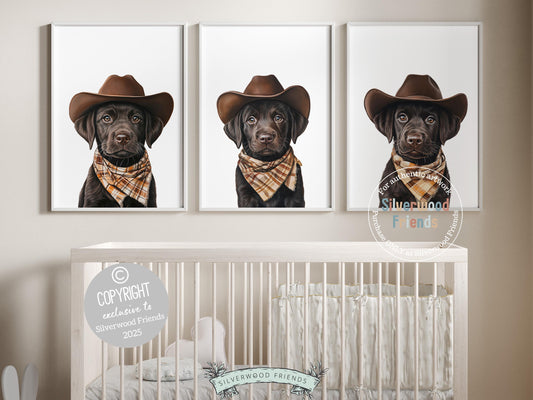 Aww, cuteness alert! Bring rustic charm to your baby’s nursery with our Cowboy Nursery Prints, featuring sweet chocolate brown Labrador puppies dressed in cowboy hats and neutral brown check bandanas. Perfect for dog-loving families, this heartwarming artwork adds a playful western touch and makes a unique, thoughtful baby shower gift.