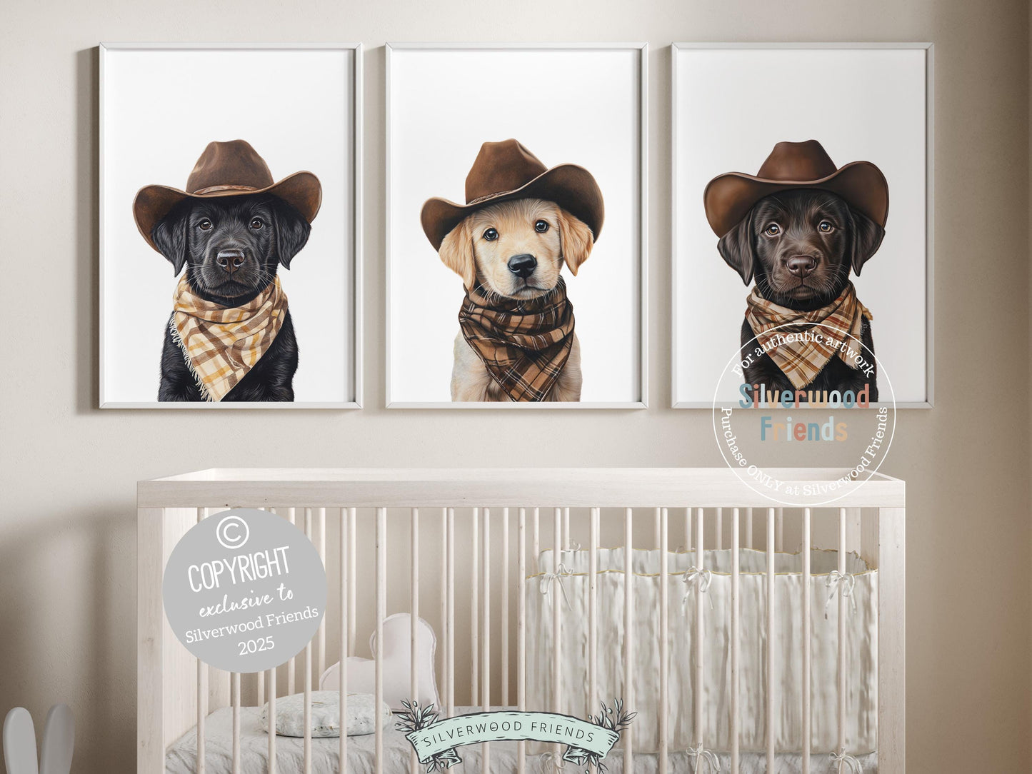 Cuteness overload! Add a dash of rustic charm to your baby’s nursery with our Cowboy Nursery Prints, featuring adorable chocolate, yellow, and black Labrador puppies all decked out in cowboy hats and neutral brown check bandanas. Perfect for dog-loving families, this charming artwork brings a playful western vibe and makes a meaningful, one-of-a-kind baby shower gift.